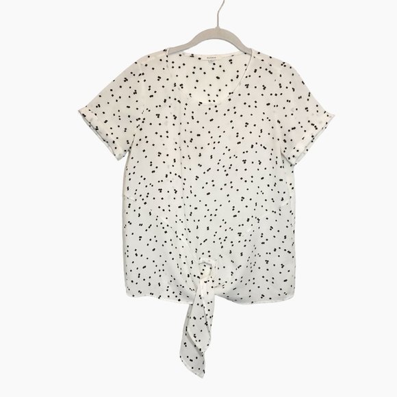 Pleione Women's Tie Front Short Sleeve Blouse in White Black - Size XS - Picture 1 of 6